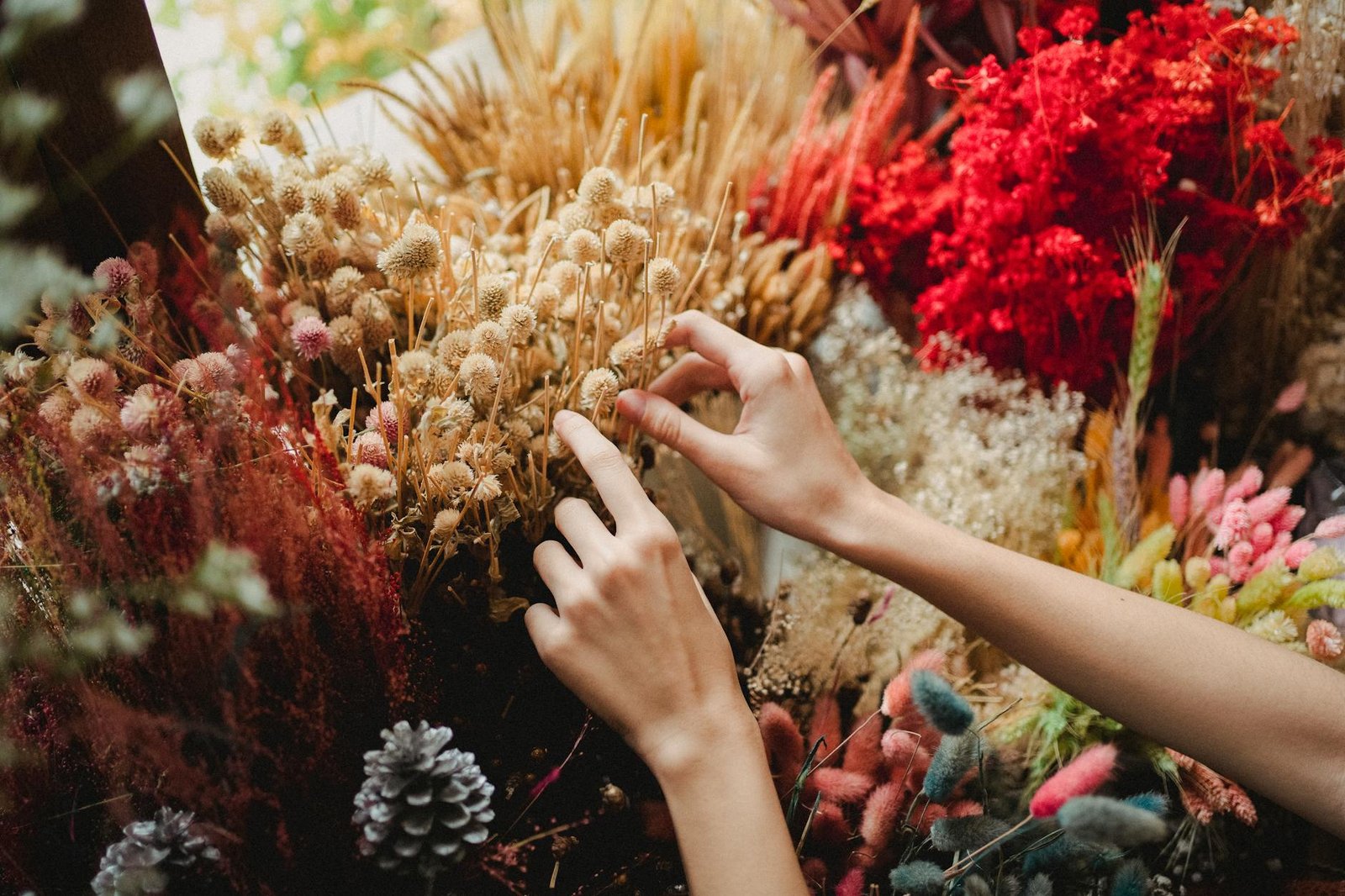 crop faceless woman picking flowers from assorted bouquet decorative elements