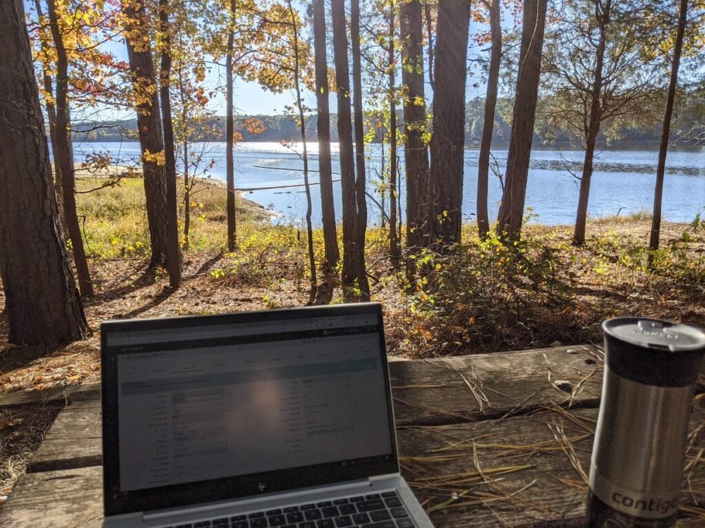 Enjoying working on a sunny day by the lake. 